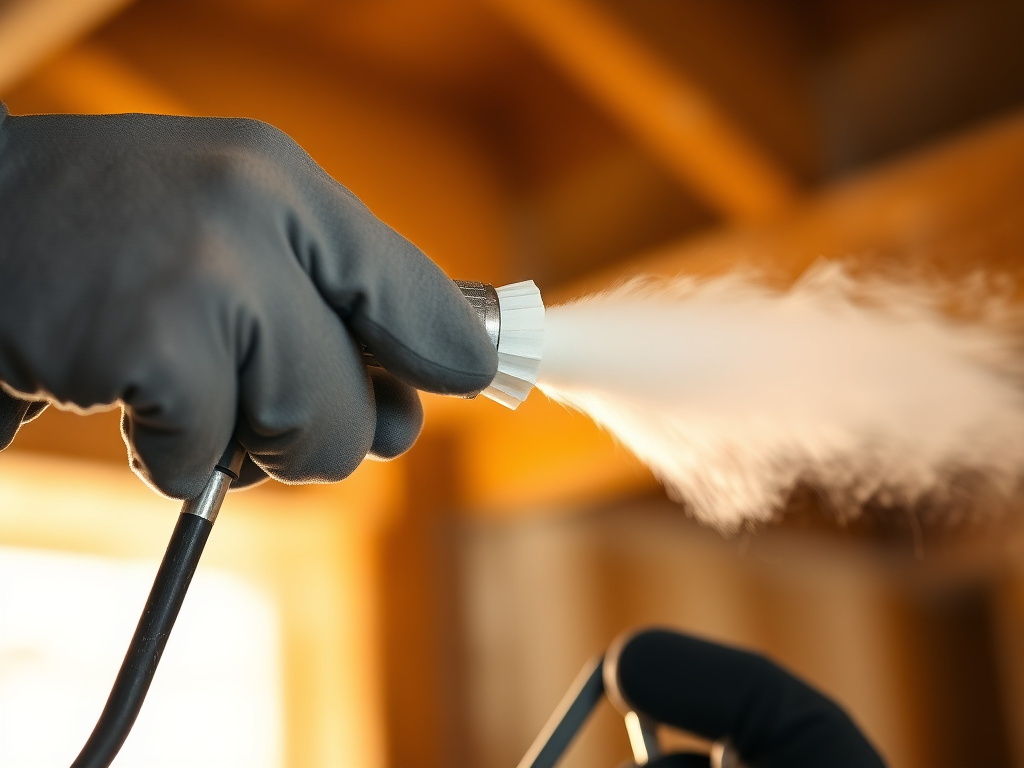 Close-up of a spray foam insulation gun applying cured foam texture