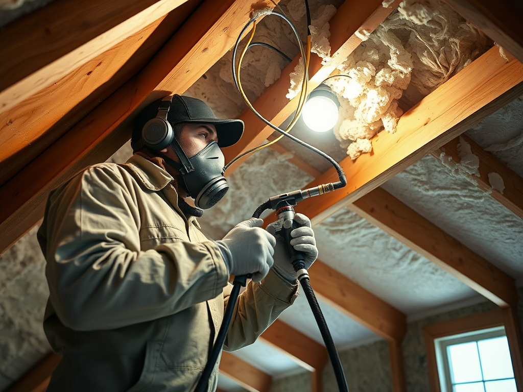 Technician spraying foam insulation onto an attic roof deck